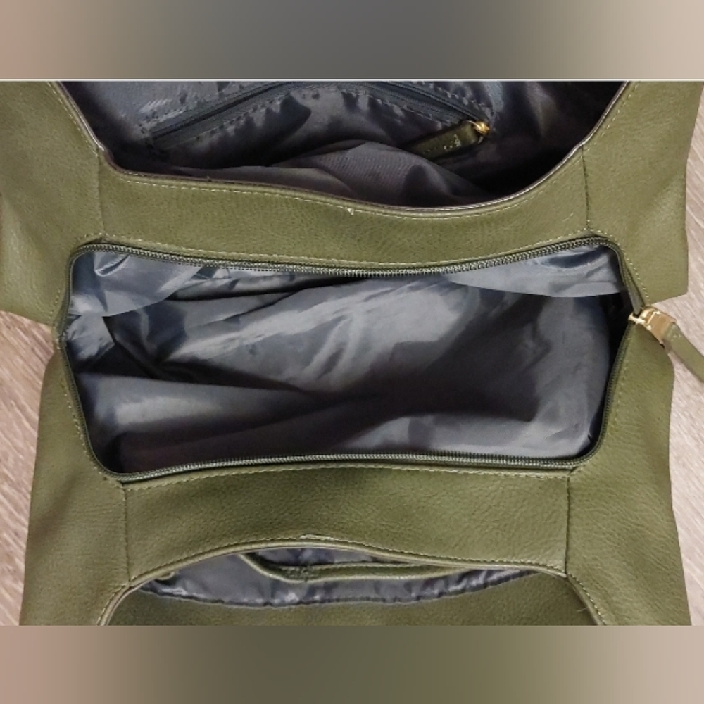 Max Studio Army Green Tote Satchel Gold Hardware and Studs Lots of Deep Pockets - Picture 8 of 12